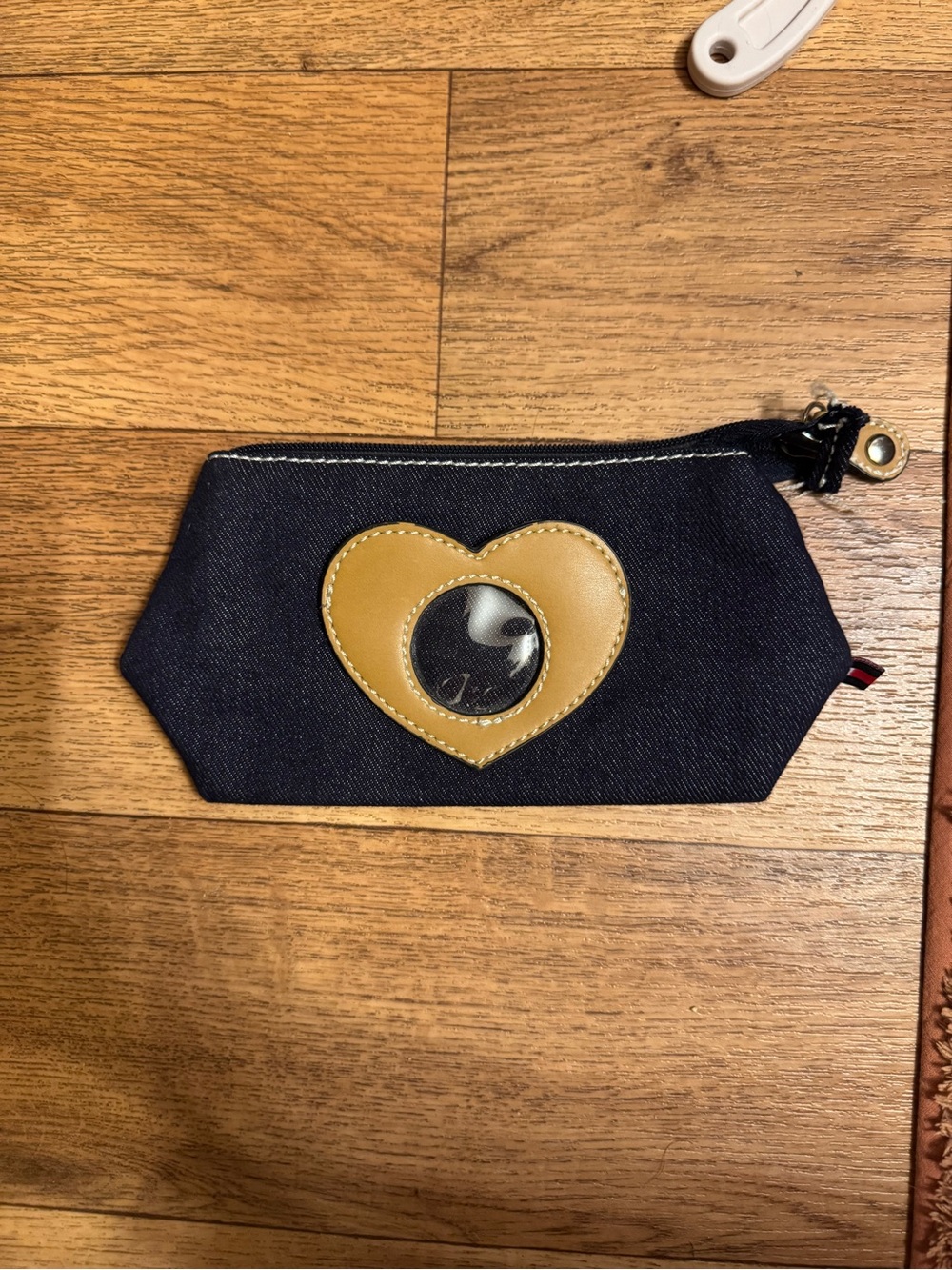 Tommy Hilfiger Navy Denim Zip Cosmetic Pouch with Camel Heart Accent